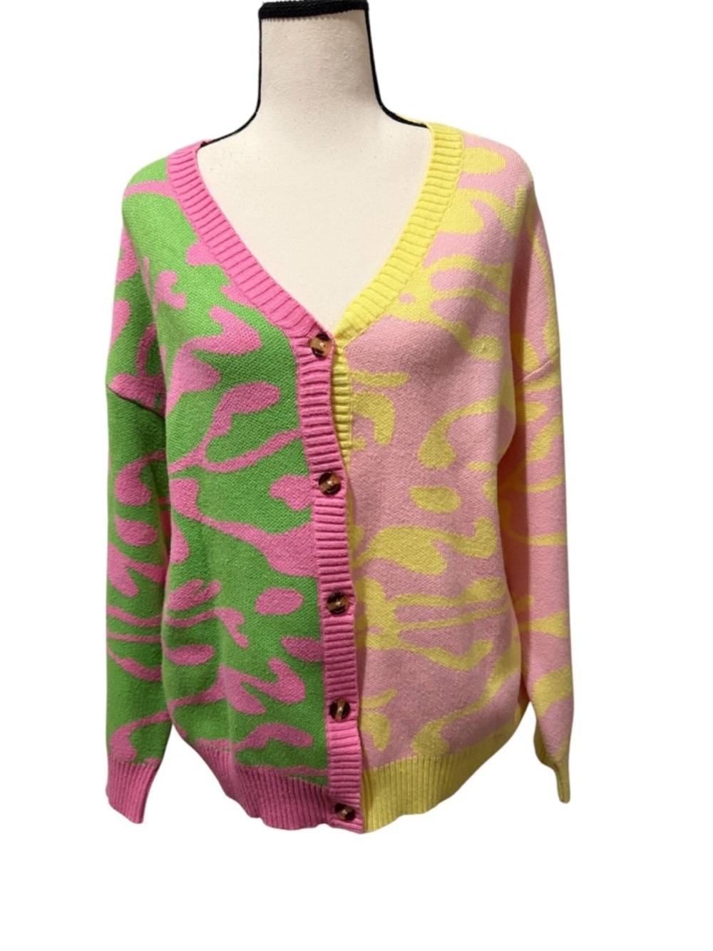 Cider Pink, Green & Yellow Animal Print V‑Neck Cardigan